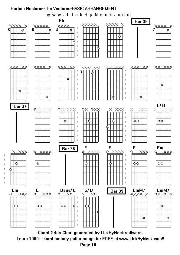 Chord Grids Chart of chord melody fingerstyle guitar song-Harlem Nocturne-The Ventures-BASIC ARRANGEMENT,generated by LickByNeck software.